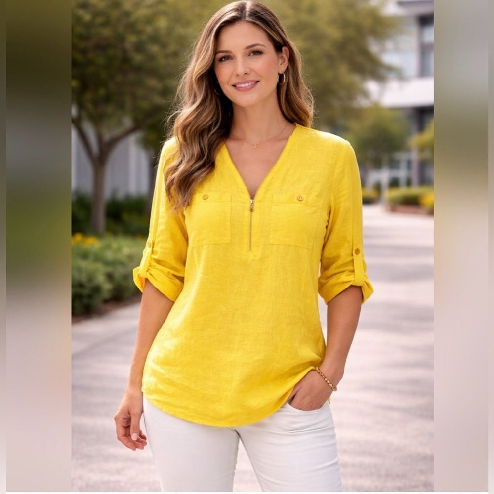 Ellen Tracy Linen Tunic Top 3/4 Roll-tab Sleeve, Yellow linen Gold Accents Sz Sm